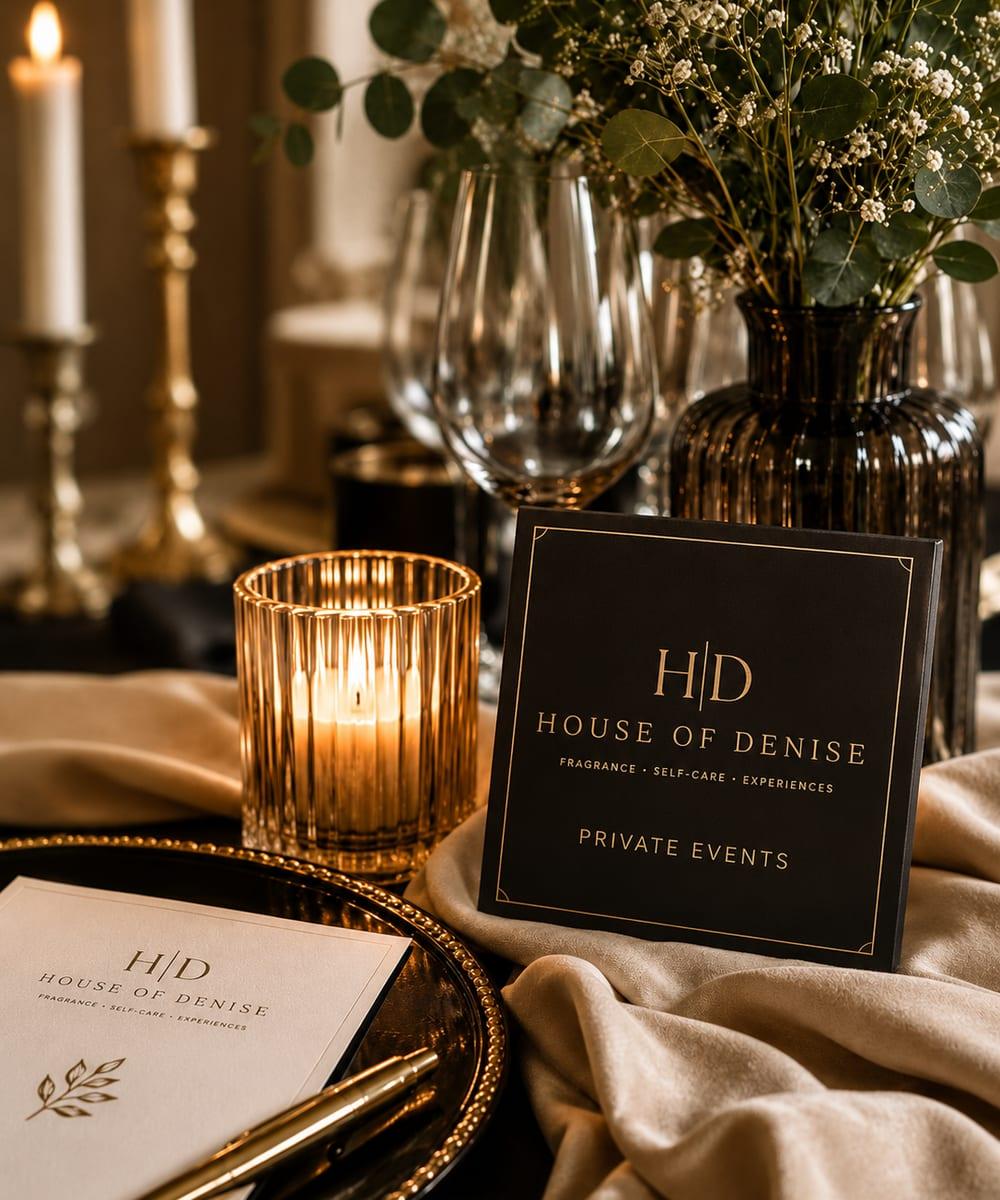 Elegant private events styling with House of Denise branding and candlelight