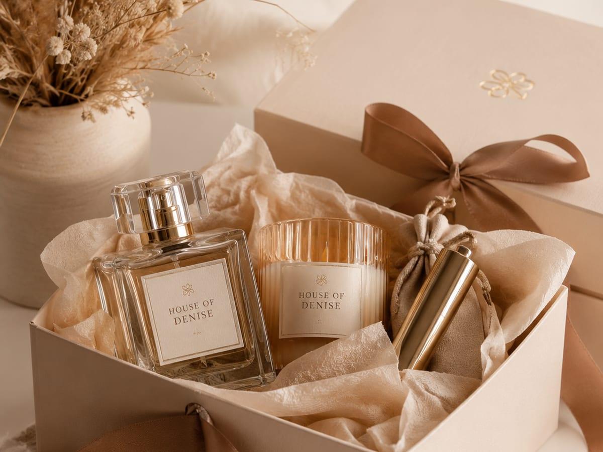 House of Denise candle, perfume, and gift box styled on silk