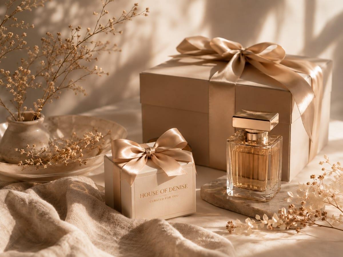 House of Denise gift boxes with gold ribbon and perfume bottle