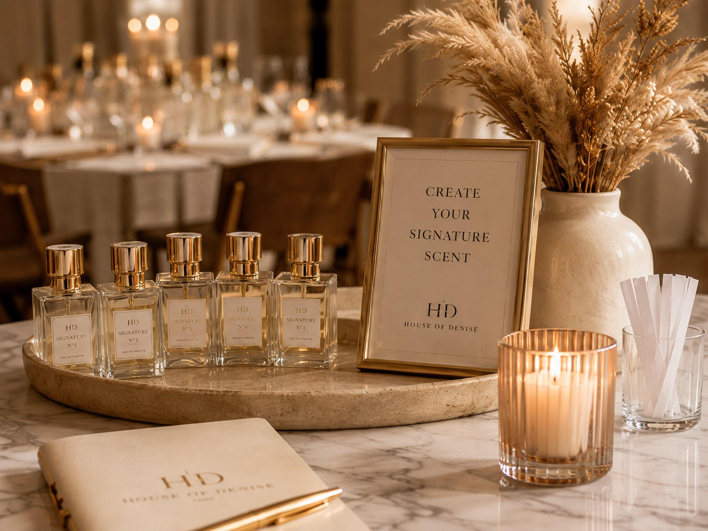 House of Denise signature scent bar with perfume bottles, framed signage, and candlelight