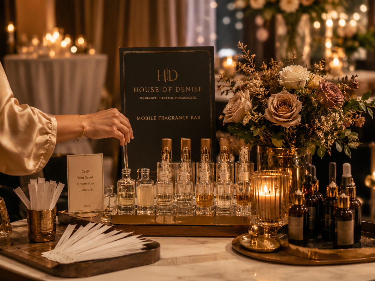 Mobile fragrance bar with perfume bottles, florals, and scent testing strips