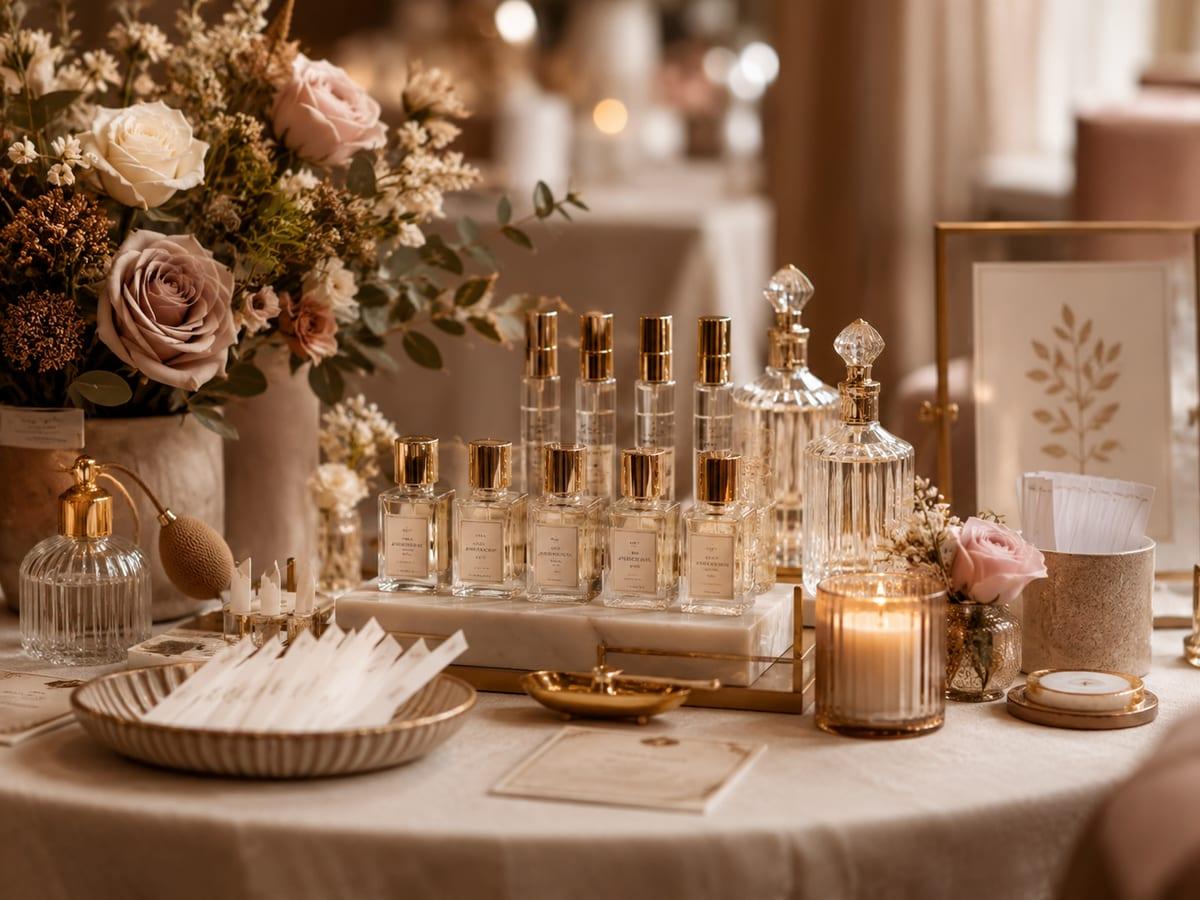 Fragrance bottles arranged for scent blending