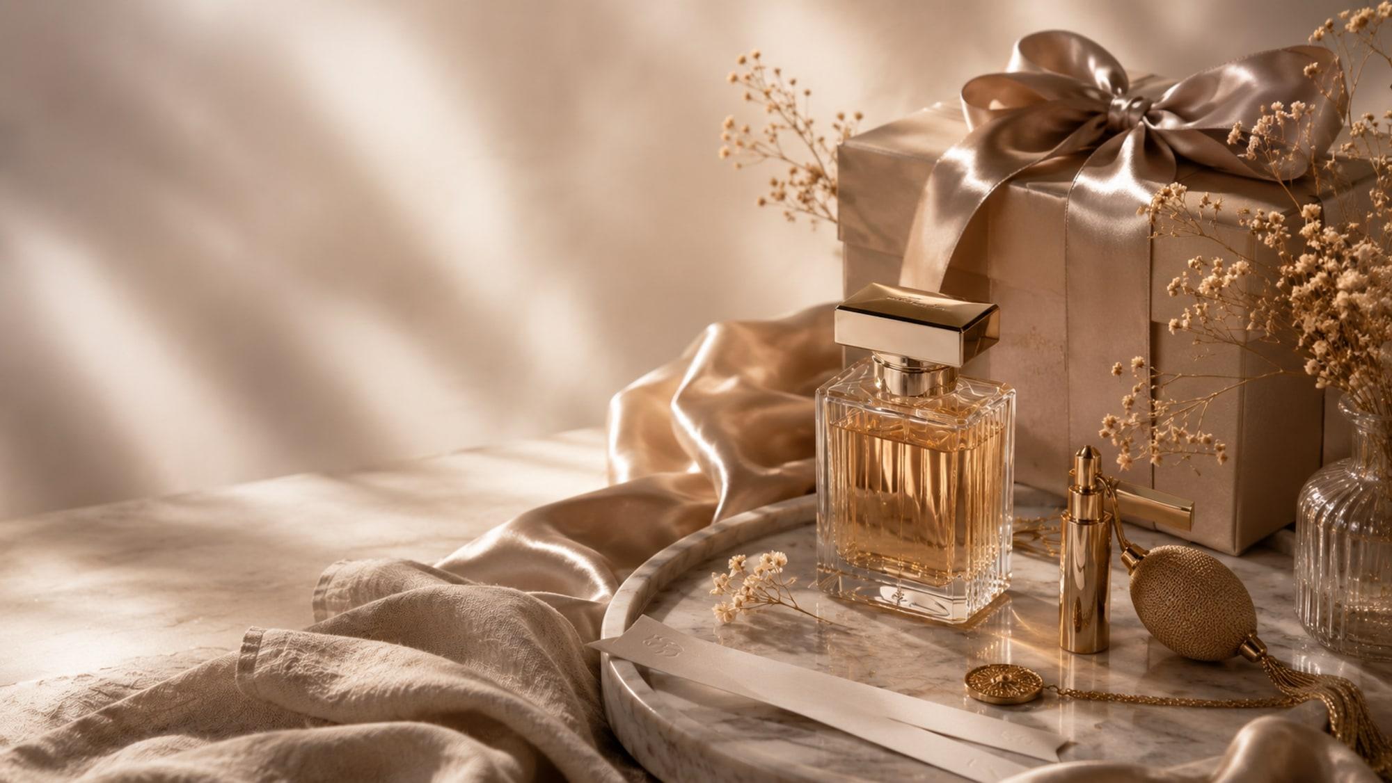 Elegant House of Denise fragrance styling with perfume and gift packaging